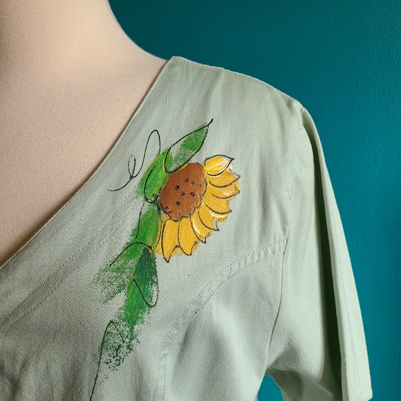 vintage 90s hand painted denim dress size large button front pastel green flower - Picture 2 of 9